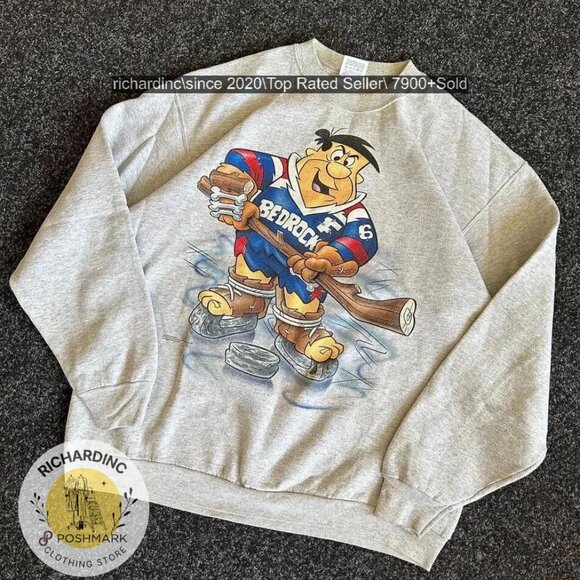 FLINTSTONE FRED BEDROCK HOCKEY graphic Crewneck Sweatshirt shirt '96 - Picture 1 of 2